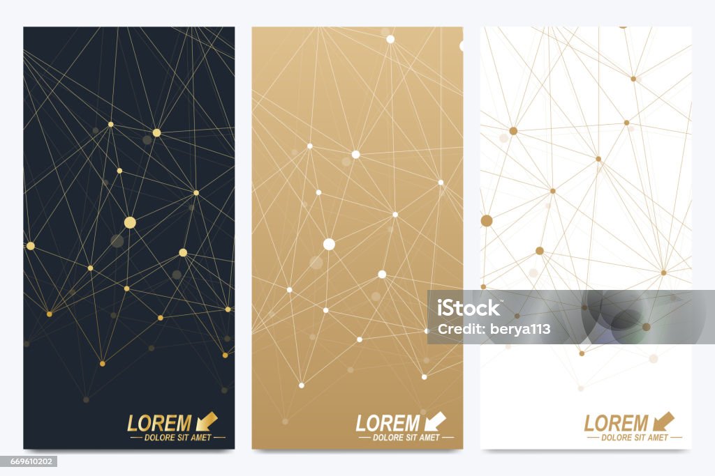 Modern set of vector flyers. Geometric abstract presentation. Molecule and communication background for medicine, science, technology, chemistry. Golden cybernetic dots. Lines plexus. Card surface Modern set of vector flyers. Geometric abstract presentation. Molecule and communication background for medicine, science, technology, chemistry. Golden cybernetic dots. Lines plexus. Card surface. Border - Frame stock vector