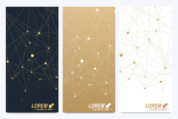 Modern set of vector flyers. Geometric abstract presentation. Molecule and communication background for medicine, science, technology, chemistry. Golden cybernetic dots. Lines plexus. Card surface Modern set of vector flyers. Geometric abstract presentation. Molecule and communication background for medicine, science, technology, chemistry. Golden cybernetic dots. Lines plexus. Card surface. dna borders stock illustrations