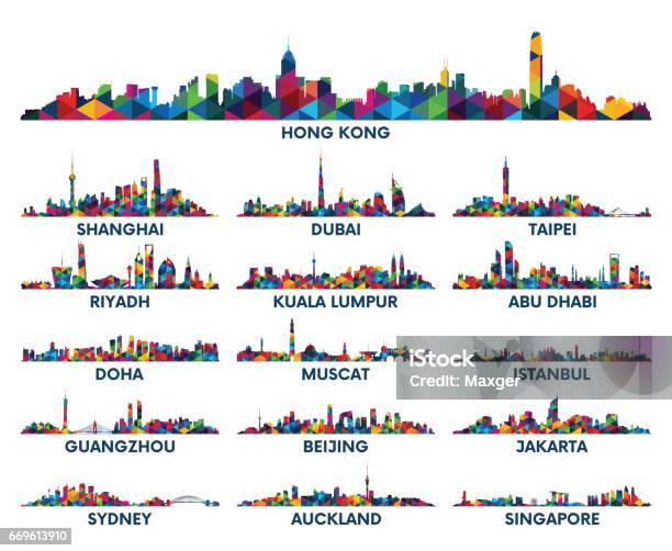 Ilustración de Skyline Ciudad Península De Arabia Y Asia y más Vectores Libres de Derechos de Panorama urbano - Panorama urbano, República de Singapur, Silueta