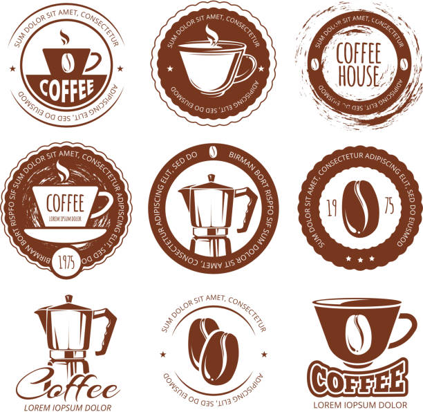 ilustraciones, imágenes clip art, dibujos animados e iconos de stock de ilustración de vector de café vintage etiquetas y distintivos. icono café - coffee circle coffee bean label
