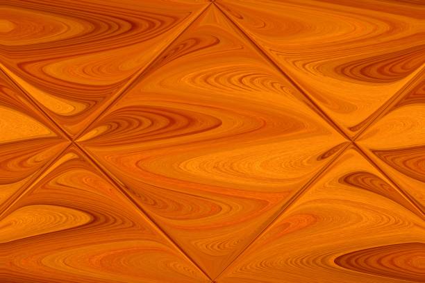 A fresh, light-brown and yellow colored wood is bent and reflected in a glass tile