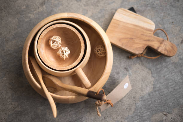 istock Set of wooden kitchenware handmade vintage, top view 669620706