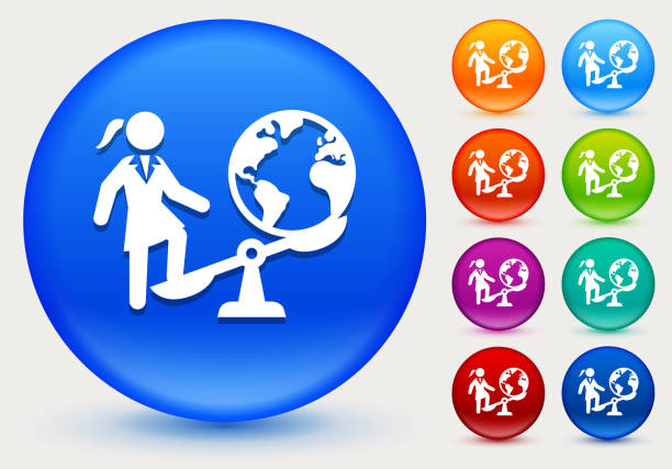 istock Businesswoman Vs. World Icon on Shiny Color Circle Buttons 669620780