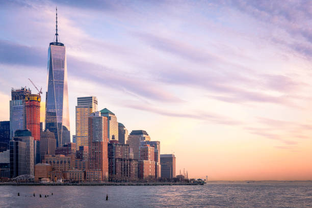 Freedom Tower and Lower Manhattan in the evening stock photo