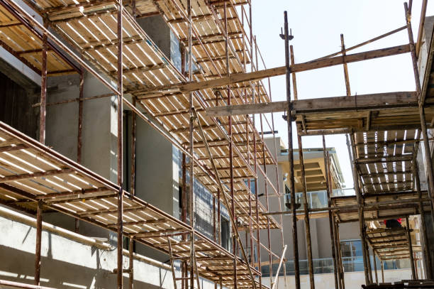 istock Metal scaffolding with wooden beams 669624236