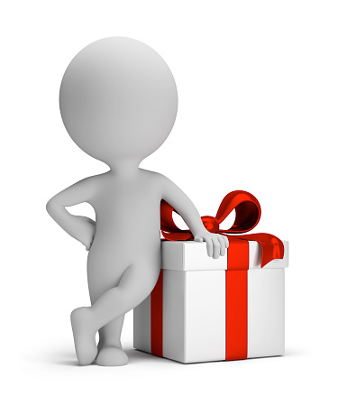 3d small person next to gift. 3d image. Isolated white background.