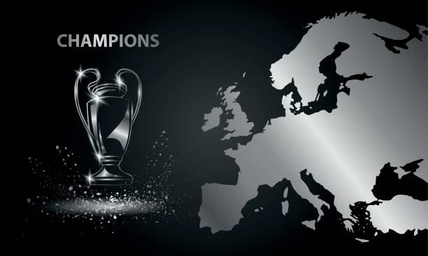 ilustrações, clipart, desenhos animados e ícones de copa dos campeões com um mapa. troféu de futebol cromado. - euro