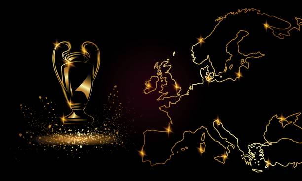 ilustrações, clipart, desenhos animados e ícones de copa dos campeões com um mapa linear. troféu de futebol ouro. - euro