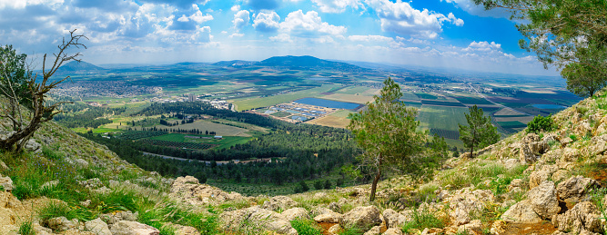 Panorama of the Jezreel Valley landscape, viewed from Mount Precipice. Northern Israel