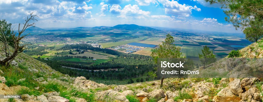 Jezreel Valley landscape, viewed from Mount Precipice Panorama of the Jezreel Valley landscape, viewed from Mount Precipice. Northern Israel Nazareth - Israel Stock Photo