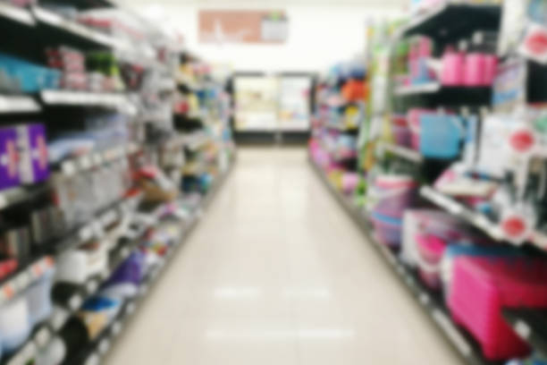 istock Supermarket blur background and miscellaneous product on shelf. 669634690