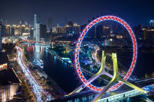Ferris Wheel and Tianjin Skyline at Night