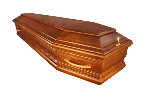 istock Wooden coffin isolated on white background 669642260