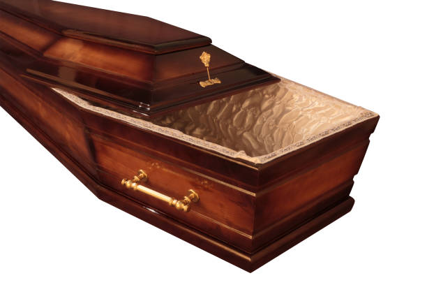 istock Wooden coffin isolated on white background 669642354