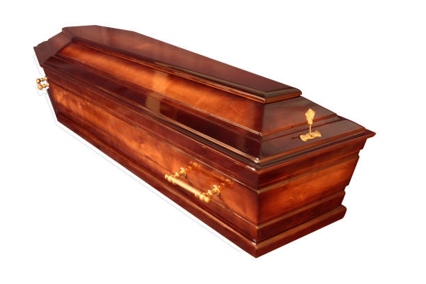 istock Wooden coffin isolated on white background 669642380