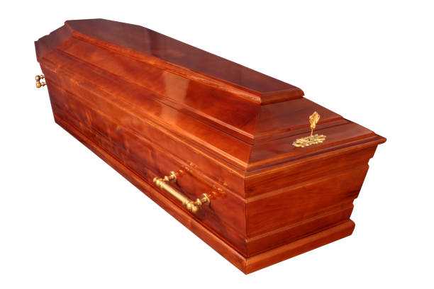 istock Wooden coffin isolated on white background 669642398