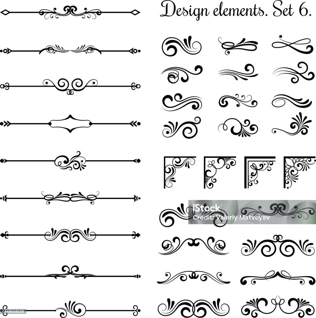 Flourish esquinas y bordes ornamentales, remolinos de ornamento real vector divisores página vintage - arte vectorial de Ornamentado libre de derechos