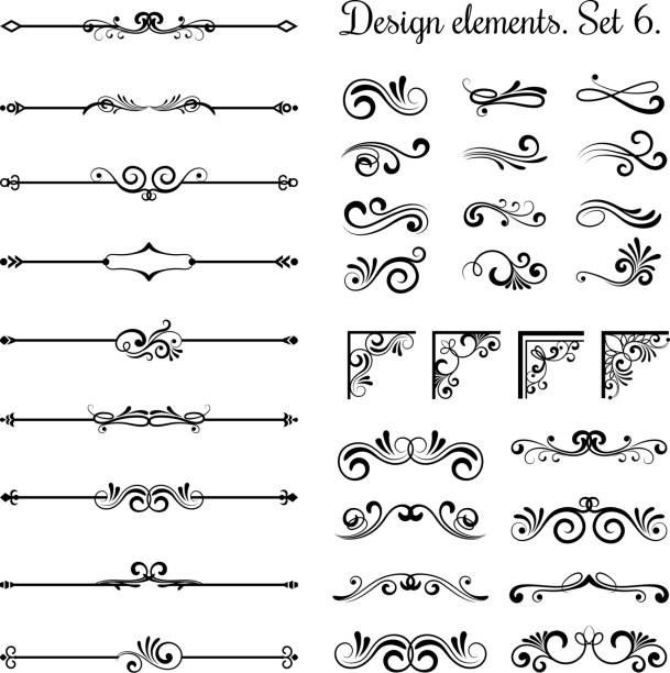 ilustraciones, imágenes clip art, dibujos animados e iconos de stock de flourish esquinas y bordes ornamentales, remolinos de ornamento real vector divisores página vintage - traditional style