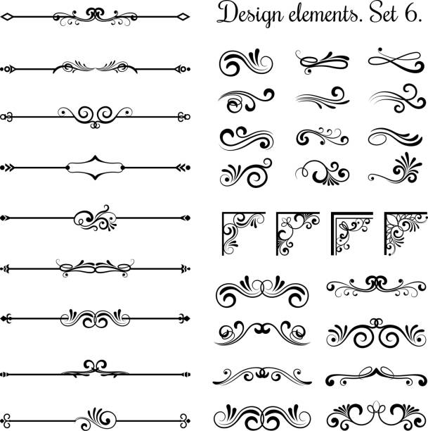 Ornamental borders and flourish corners, royal ornament swirls  vector vintage page dividers Ornamental borders and flourish corners, royal ornament swirls and vector vintage page dividers. Classical decoration elements illustration carving craft product stock illustrations