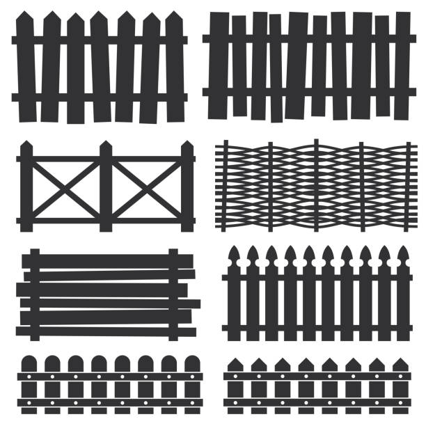 ilustrações, clipart, desenhos animados e ícones de cercas de madeira do país, palisade vector silhouettes - non urban scene silhouette fence gate