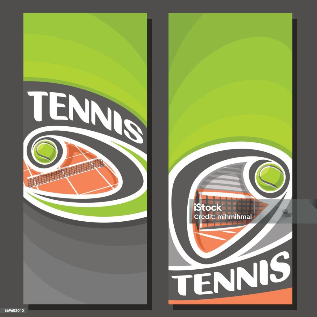 Vector vertical Banners for Tennis Vector vertical Banners for Tennis: 2 layouts for title text on tennis theme, orange clay court with flying above net ball, abstract banner for inscriptions on black background, sport invite ticket. Abstract stock vector