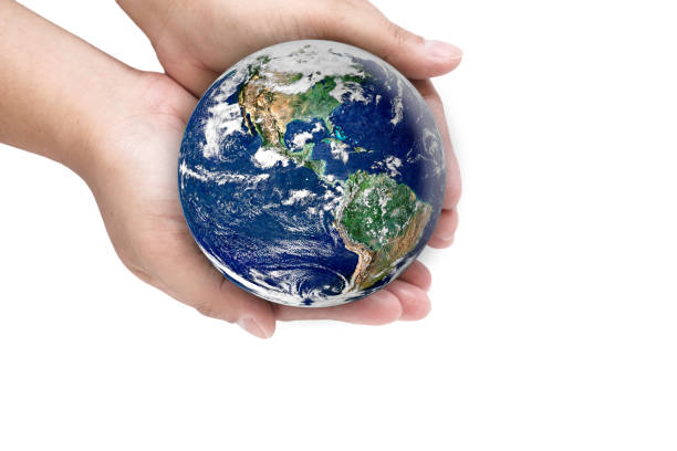 istock Hands holding earth on white background. Elements of this image furnished by NASA 669656162