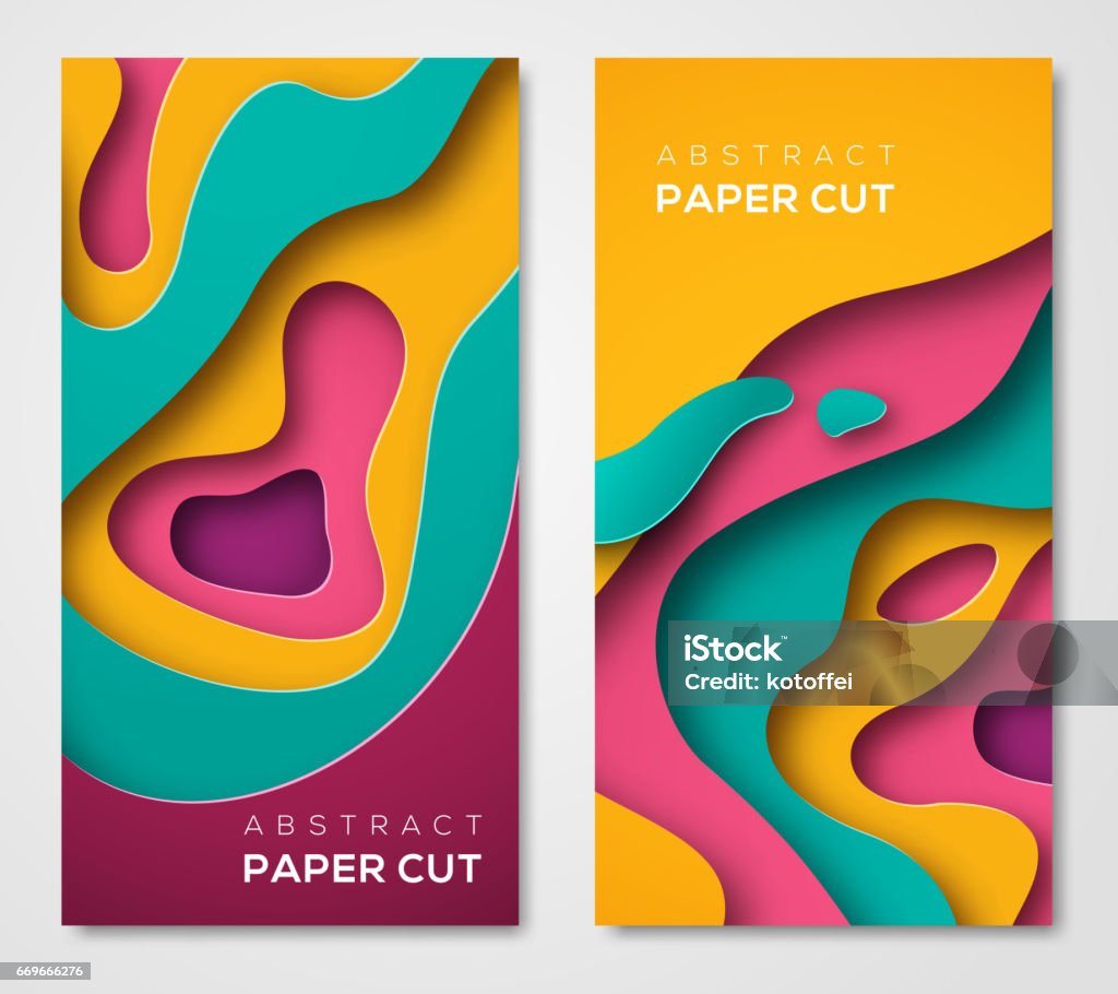 Vertical banners with 3D abstract shapes Vertical banners with 3D abstract background with paper cut shapes. Vector design layout for business presentations, flyers, posters and invitations. Colorful carving art - blue, yellow and violet Abstract stock vector