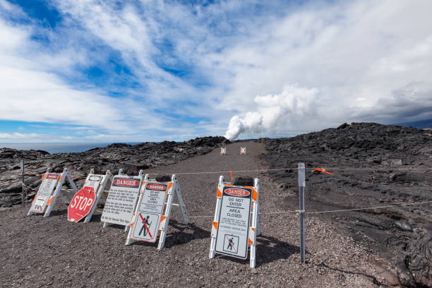 istock kalapana lava flow warning signs, hawaii islands 669677184