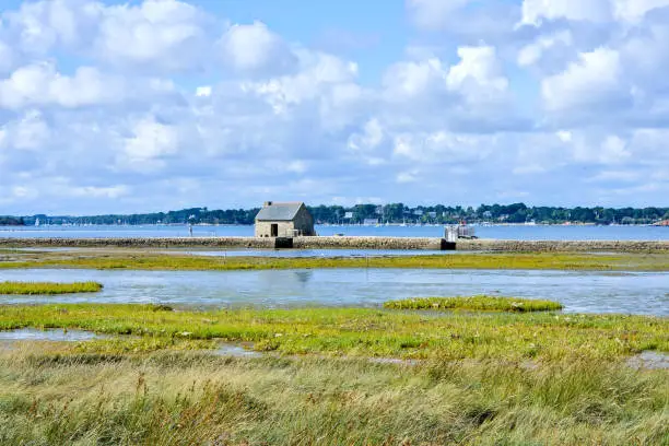 Ile d'Arz, watermill and seascape with boats, Morbihan, Brittany