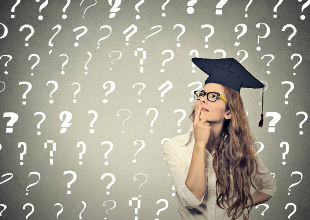 istock thoughtful graduate student, young woman with many question marks above head 669684488