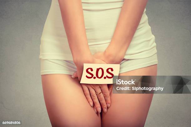 Woman Holding Paper With Sos Message Over Her Crotch Health Hygiene Concept Stock Photo - Download Image Now