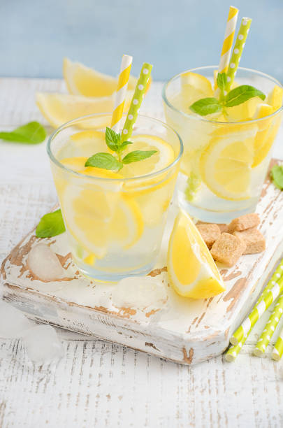 istock Cold refreshing summer drink with lemon and mint on wooden background. 669685464