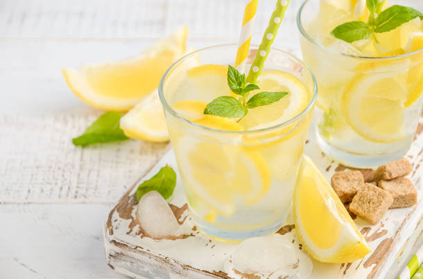 istock Cold refreshing summer drink with lemon and mint on wooden background. 669685466