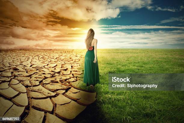 A Climate Change Concept Image Landscape Of A Green Grass And Extreme Dry Drought Land Stock Photo - Download Image Now
