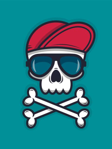 прохладный череп в солнцезащитных очках и кепке - pirate corsair cartoon danger stock illustrations
