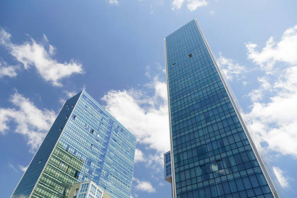 Worms eye view of the Isozaki gate, twin towers in Bilbao, are the tallest residential buildings in the city and the Basque Country, designed by Japanese architect Arata Isozaki.