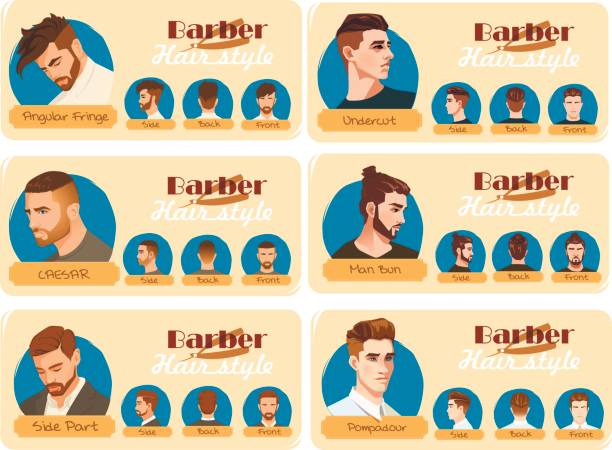 Men's haircut and hairstyle. Side part haircut. Pompadour, Undercut, Man Bun. Barber hairstyle. Front, side and back view Men's haircut and hairstyle. half shaved hairstyle stock illustrations