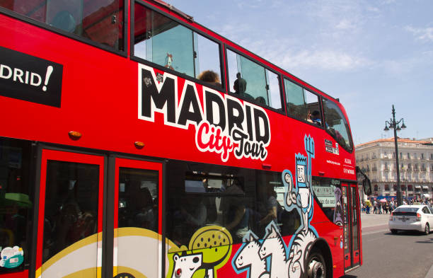 tourist excursion coach in madrid, spain - bus coach bus travel red imagens e fotografias de stock