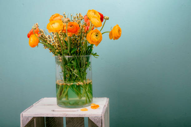 istock ranunculus in the flower vase on a wooden table 669698690