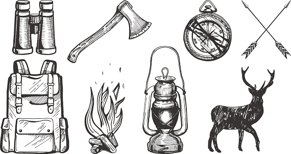 Vector illustration of hand drawn forest camping vacation objects set: binoculars, ax, compass, arrows, travel backpack, bonfire, lantern, deer silhouette. Vintage engraving style.