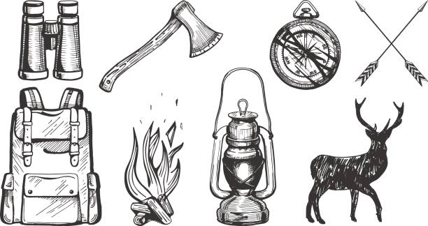 Camping objects set Vector illustration of hand drawn forest camping vacation objects set: binoculars, ax, compass, arrows, travel backpack, bonfire, lantern, deer silhouette. Vintage engraving style. camping drawings stock illustrations