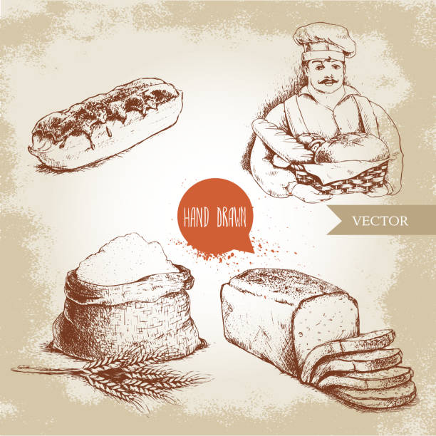 illustrations, cliparts, dessins animés et icônes de boulanger avec panier de boulanger de pain frais, pain de pain tranché, éclair doux français gâteau et sac avec de la farine entière avec le bouquet de blé. - bread bread basket basket whole wheat