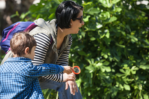 Mother and son enjoying in nature.4 years old little boy holding a magnifying glass and looking at the plants by water.He is wearing a blue plaid shirt while mother is wearing a stripped sweater and sunglasses.She has a purple backpack.Green plants are seen on the background.Shot with a full frame DSLR camera and a telephoto lens.