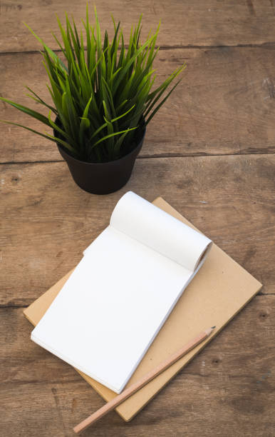 istock Blank notebook with pencils artificial grass made by plastic on wooden table 669712412