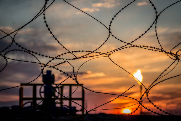 istock Gas flame torch on a oil refinery plant at sunset 669723562