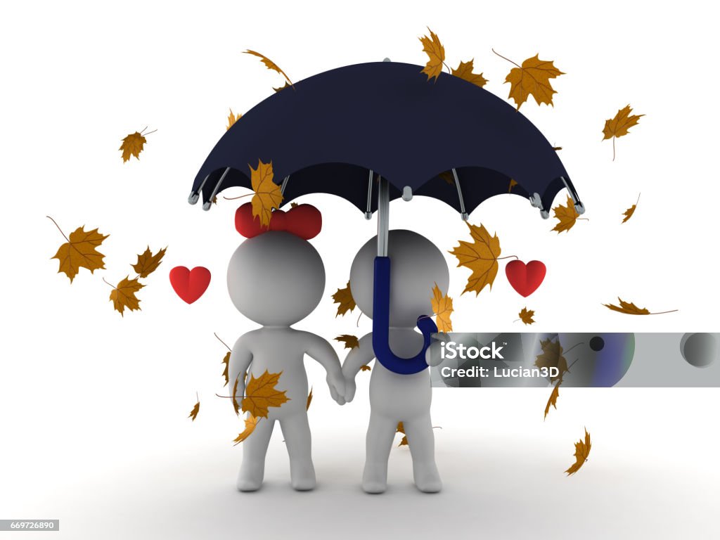 3d Illustration Of In Love Couple Sitting Together Under An Umbrella With  Leaves Falling Stock Illustration - Download Image Now - iStock