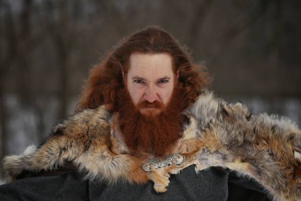 istock Medieval Winter Snow Viking Warrior, Authentic Costume, Animal Pelt 669726954