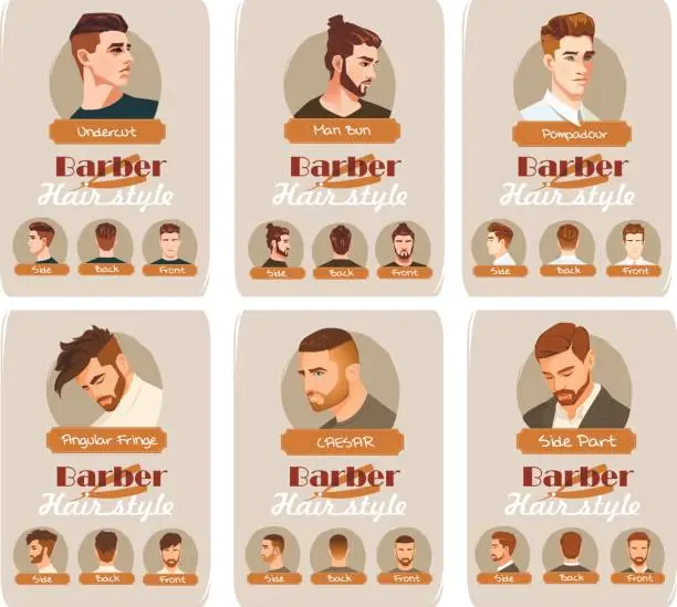 Vector illustration of Men's haircut and hairstyle. Side part haircut. Pompadour, Undercut, Man Bun. Barber hairstyle. Front, side and back view