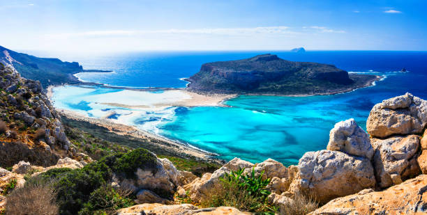 amazing scenery of Greek islands - Balos bay in Crete Landmarks and beautiful beaches of Crete island - Balos bay, Greece crete photos stock pictures, royalty-free photos & images