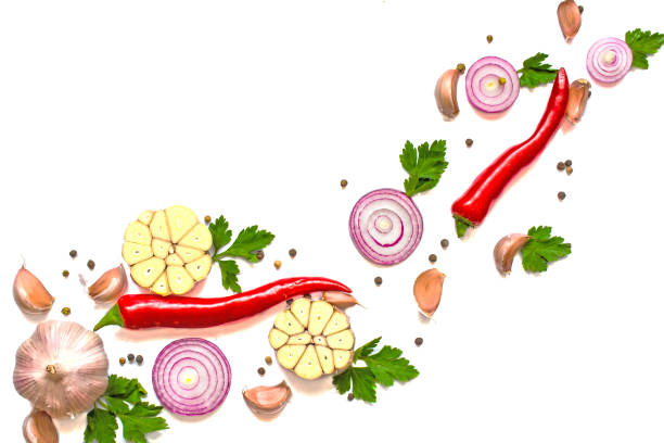 istock Composition of garlic, red onion, chili, pepper and herbs 669750624